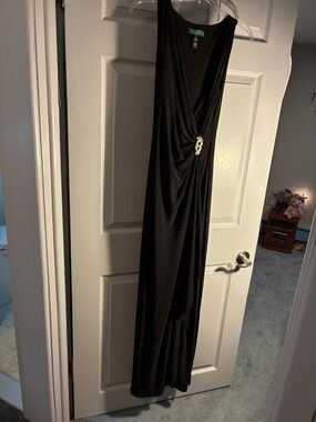Lauren Ralph Lauren Black Draped V-Neck Evening Dress with Side Accent